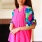 Tell Your Story Fuchsia Geo Print Puff Sleeve V Neck Top