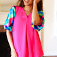 Tell Your Story Fuchsia Geo Print Puff Sleeve V Neck Top