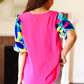 Tell Your Story Fuchsia Geo Print Puff Sleeve V Neck Top