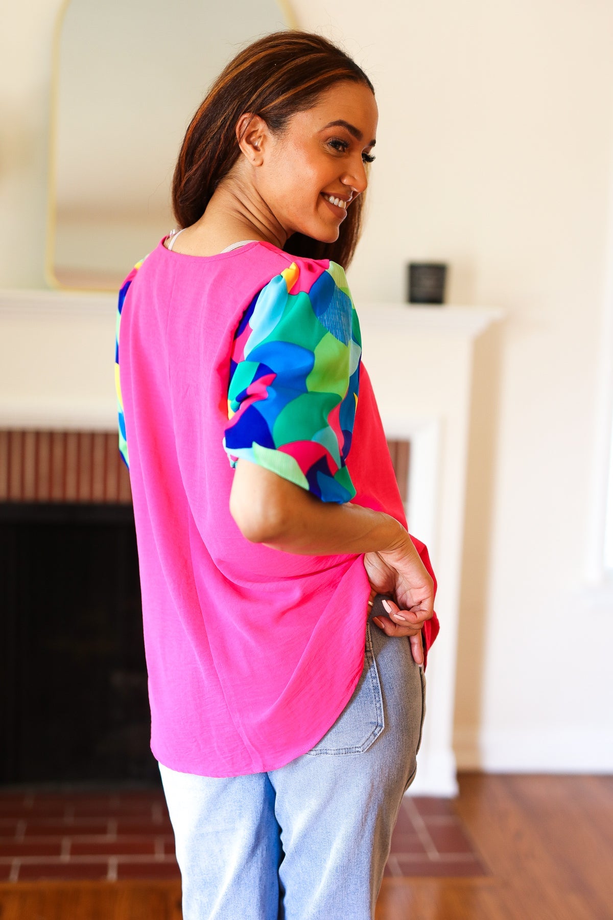 Tell Your Story Fuchsia Geo Print Puff Sleeve V Neck Top