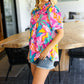 Vacay Ready Fuchsia Tropical Print Frill Mock Neck Top