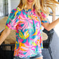 Vacay Ready Fuchsia Tropical Print Frill Mock Neck Top