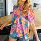 Vacay Ready Fuchsia Tropical Print Frill Mock Neck Top