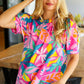 Vacay Ready Fuchsia Tropical Print Frill Mock Neck Top