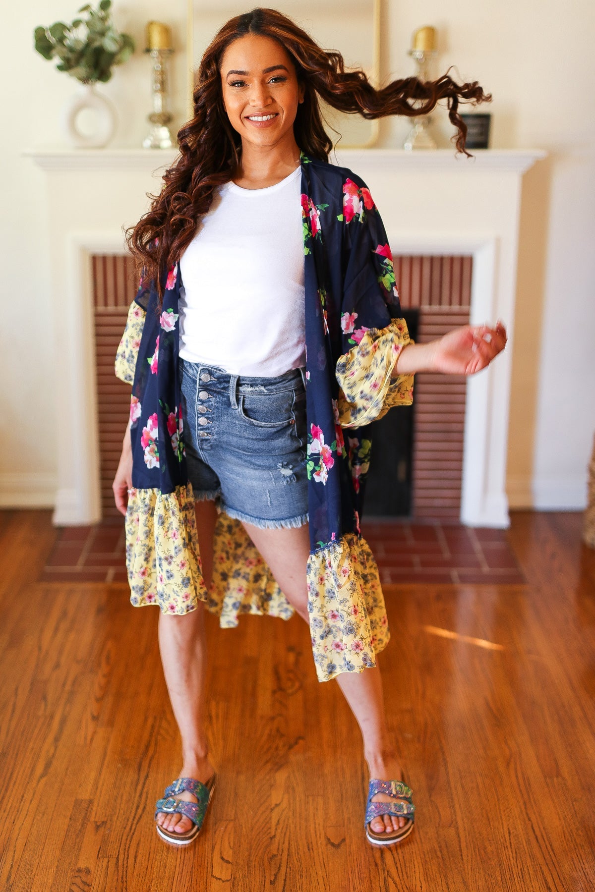 Navy & Yellow Colorblock Floral Chiffon Ruffle Kimono