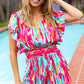 Feeling Bold Fuchsia Abstract Print Smocked Waist Flutter Sleeve Romper