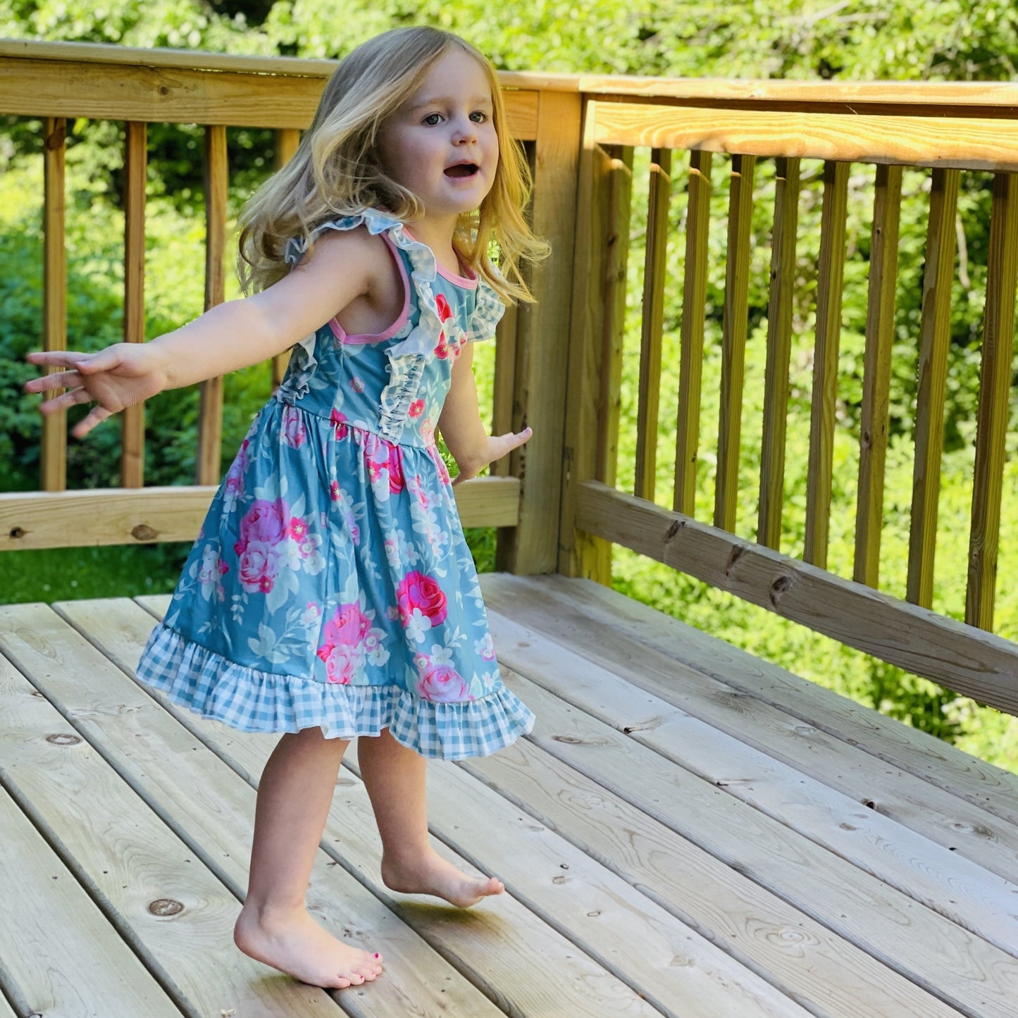 Teal and Pink Floral Print Ruffle Sleeveless Dress