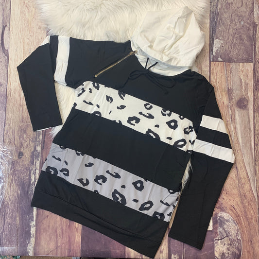 Women's Black & Leopard Color Block Hoodie