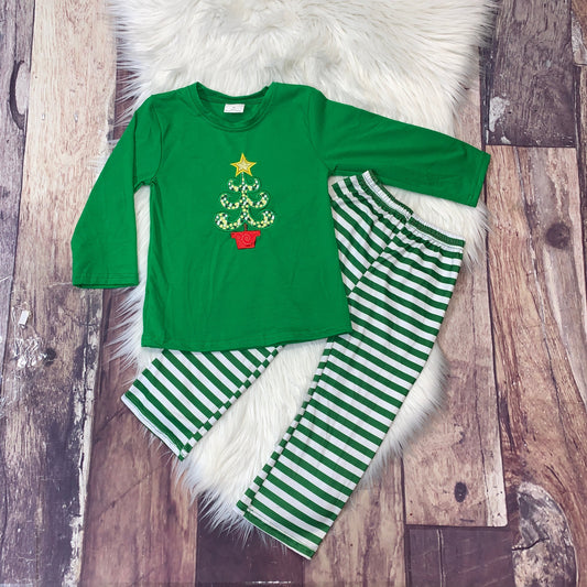 Boy's Green & Striped Christmas Tree Embroidered Set