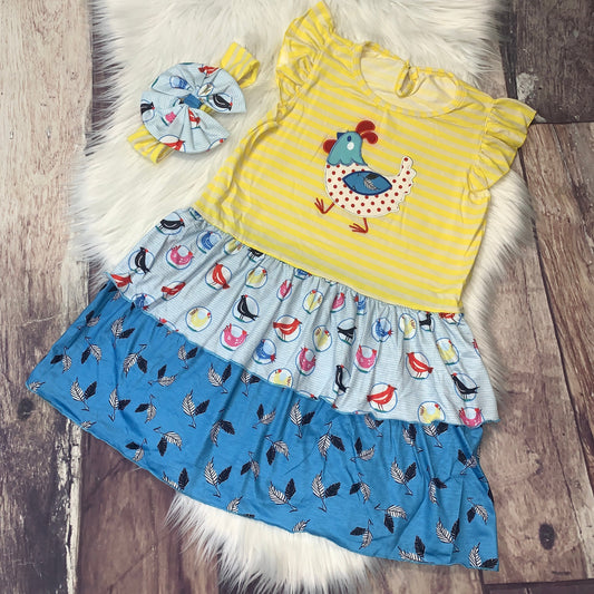 Yellow Striped Embroidered Chicken Ruffle Sleeveless Mid-Twirl Dress