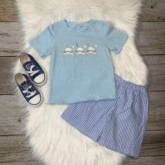 Light Blue Embroidered Easter Bunny Tee & Blue Checkered Shorts Set