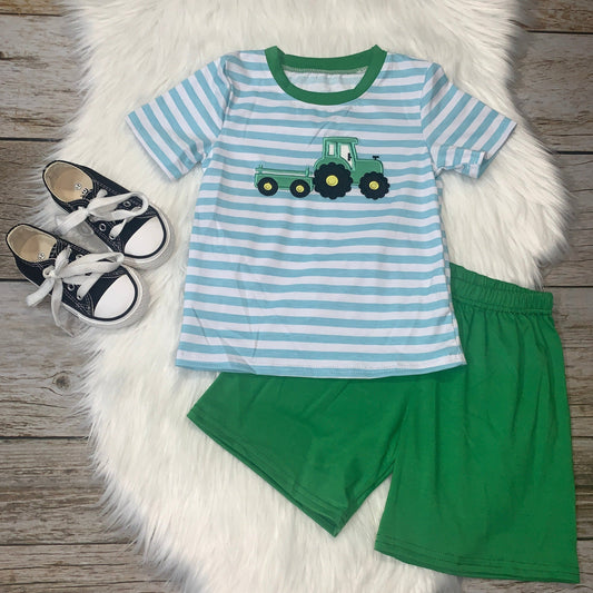 Blue Strip Embroidered Green Tractor Tee & Green Shorts Set