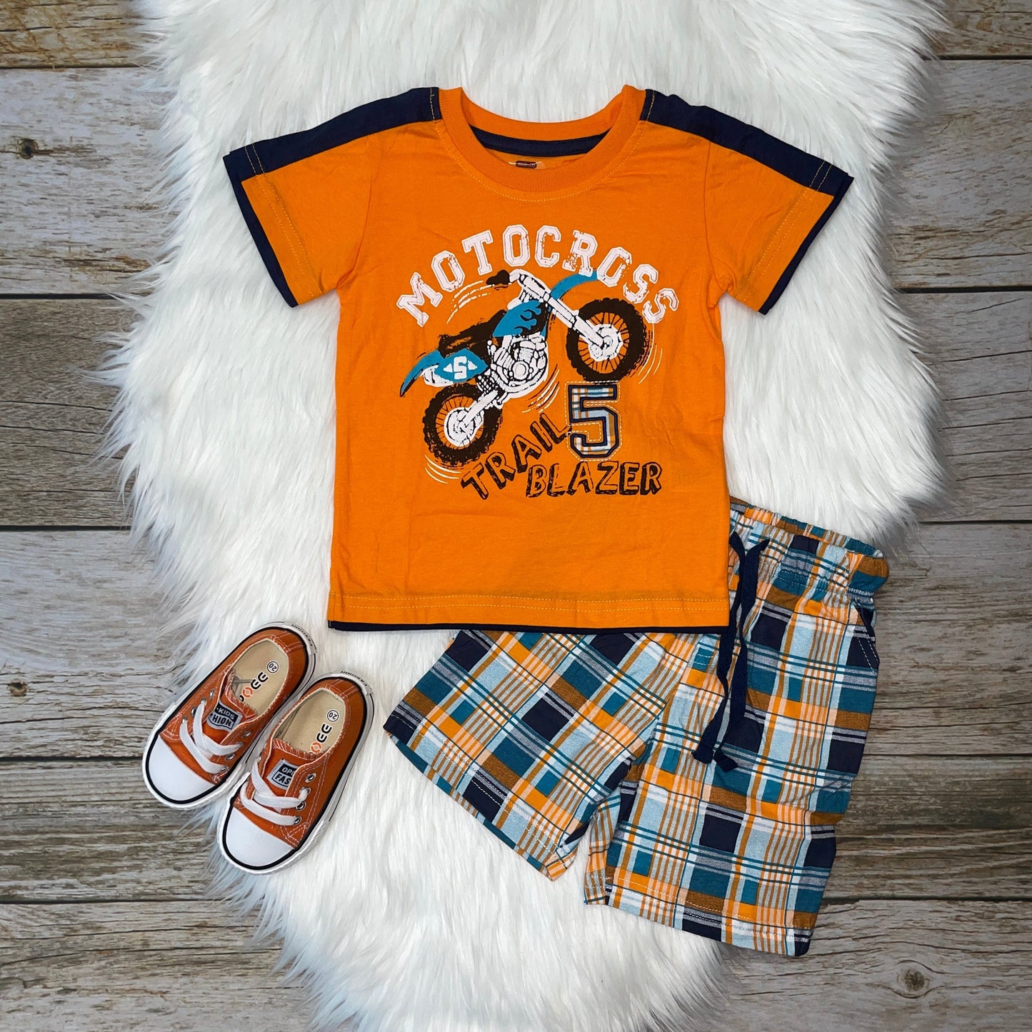 Motocross Trail Blazer Orange T-Shirt and Plaid Short Set