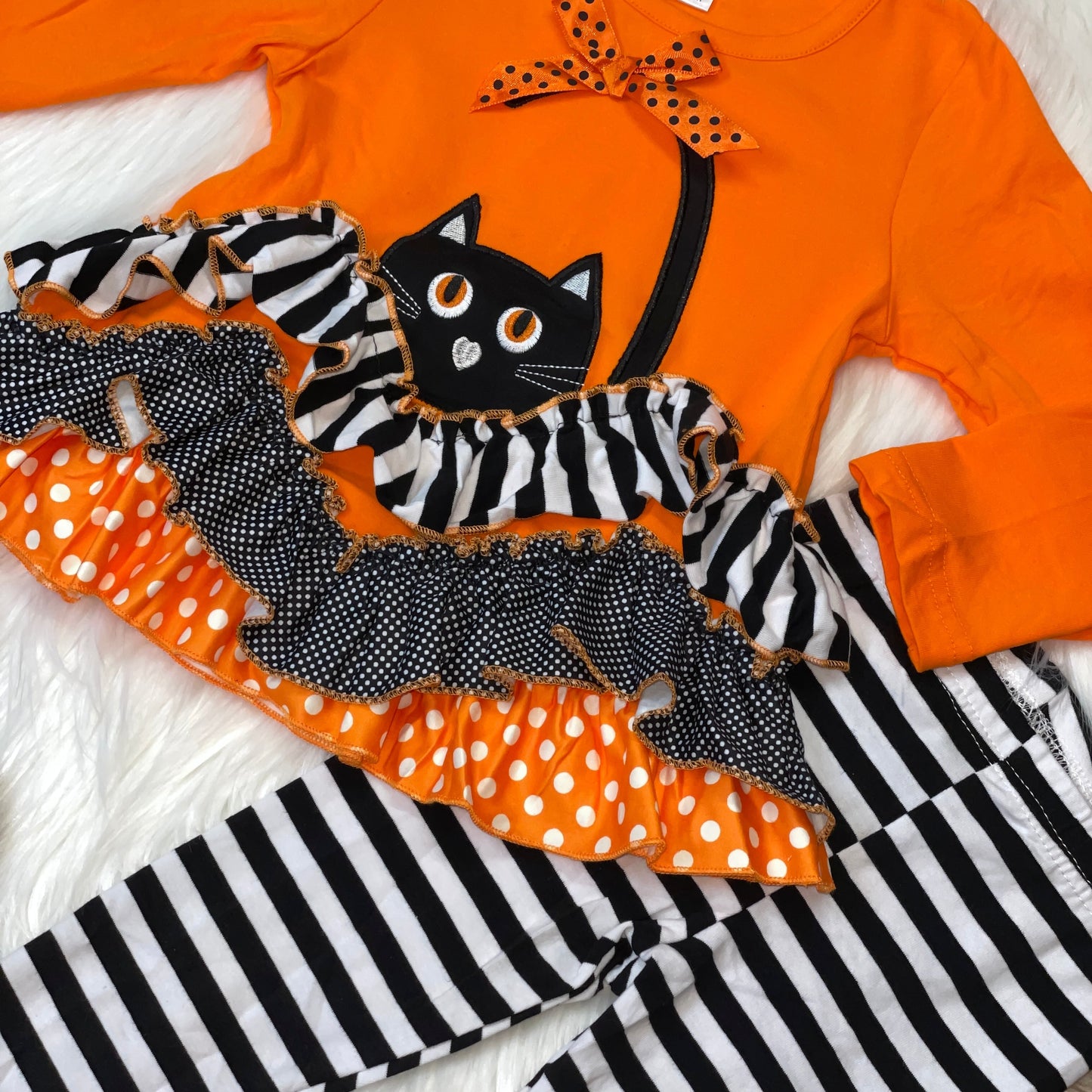 Embroidered Cat Halloween Ruffle Tunic and Stripe Pants