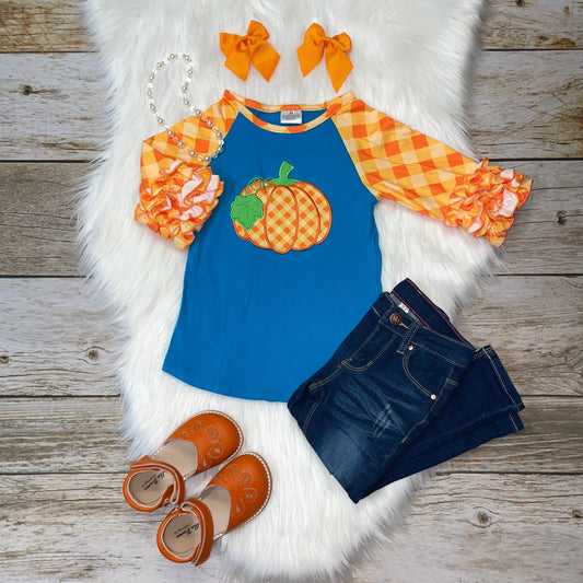 Embroidered Pumpkin Turquoise & Orange Ruffle Raglan