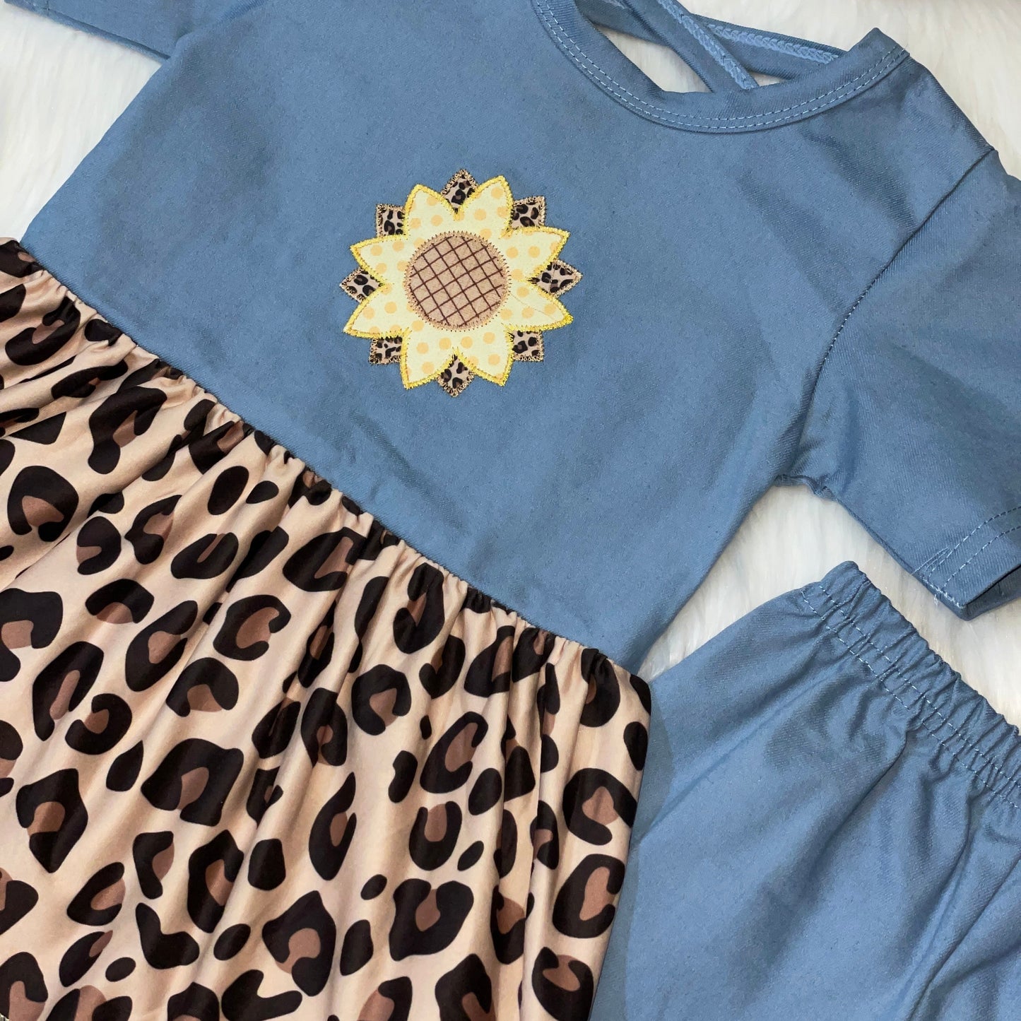 Embroidered Sunflower & Stretch Denim Peplum and Legging Set