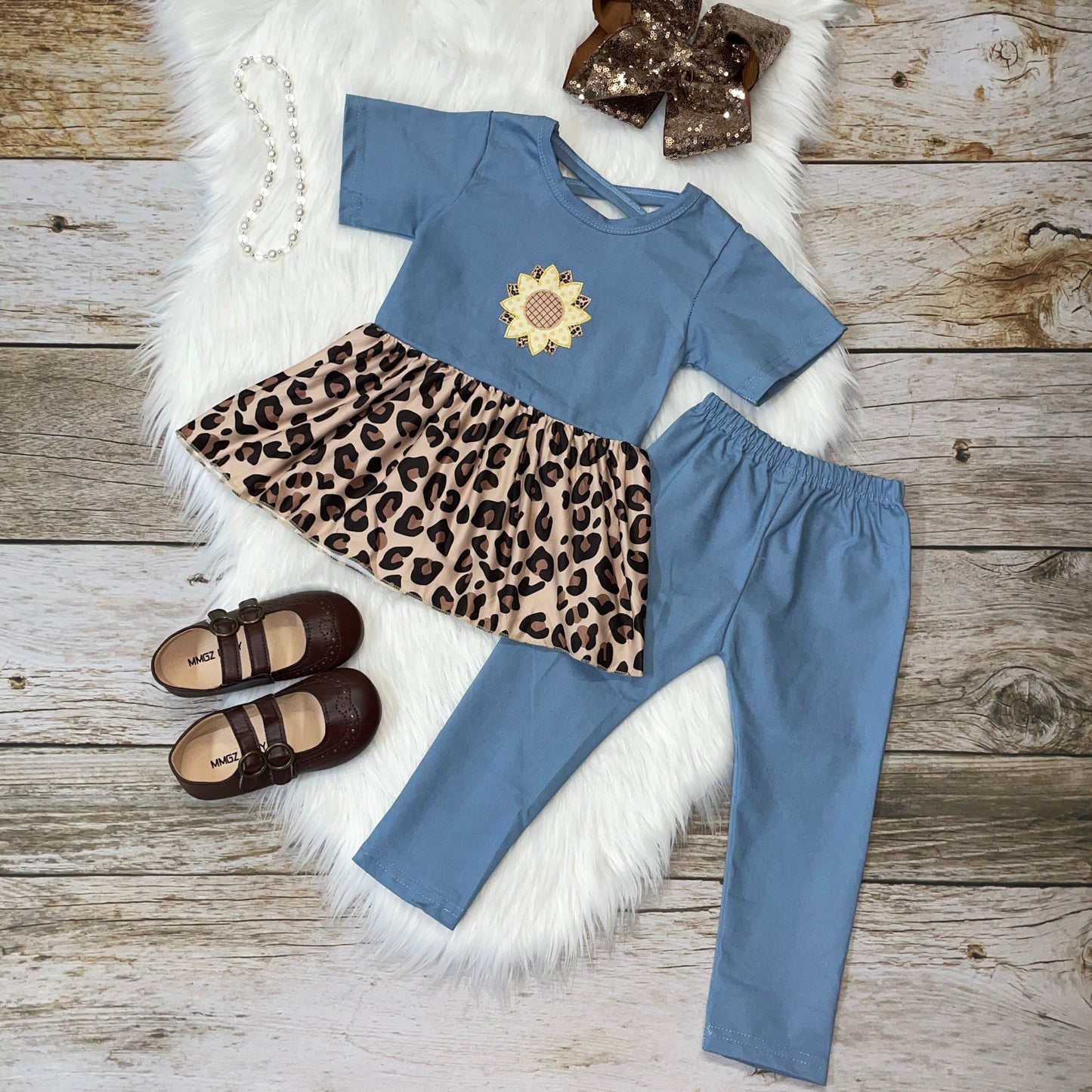 Embroidered Sunflower & Stretch Denim Peplum and Legging Set