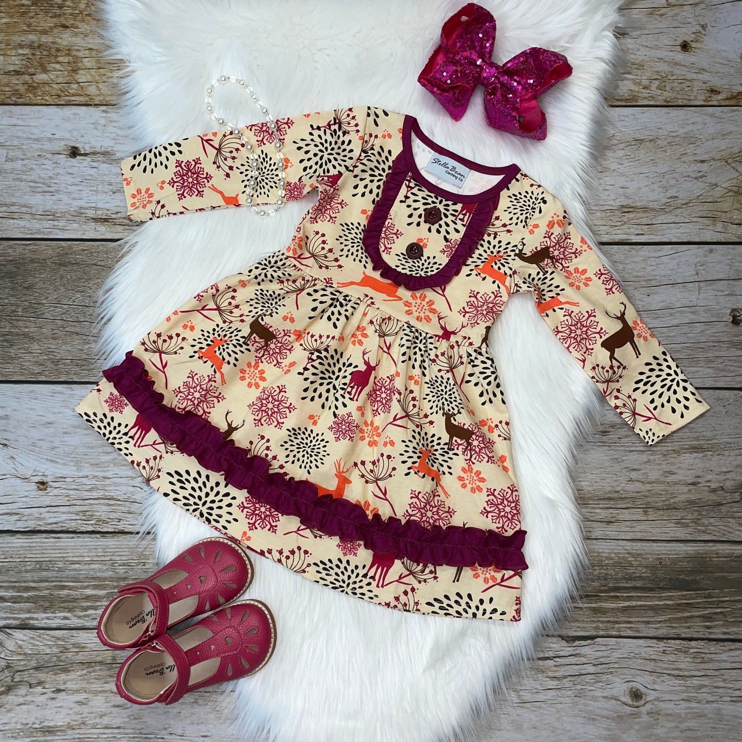 Cream & Magenta Deer Printed Long Sleeve Dress