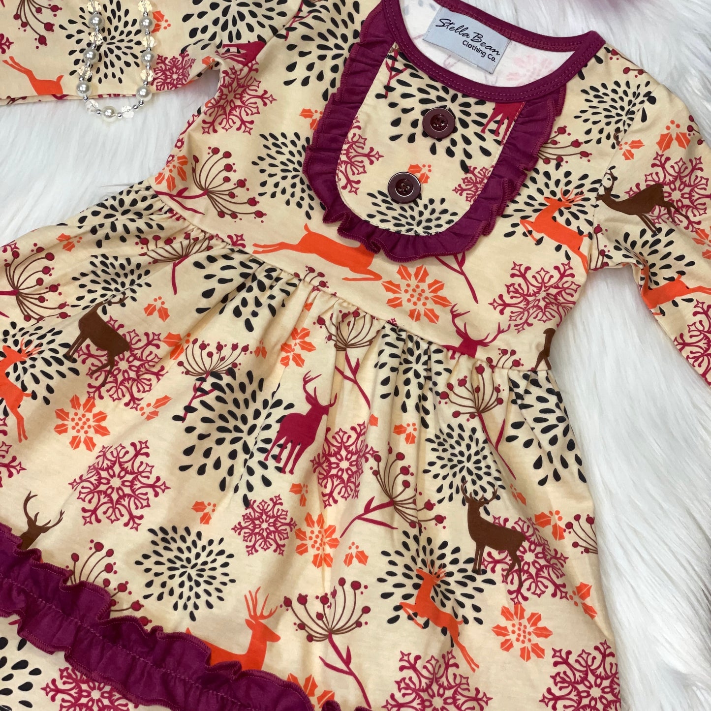 Cream & Magenta Deer Printed Long Sleeve Dress