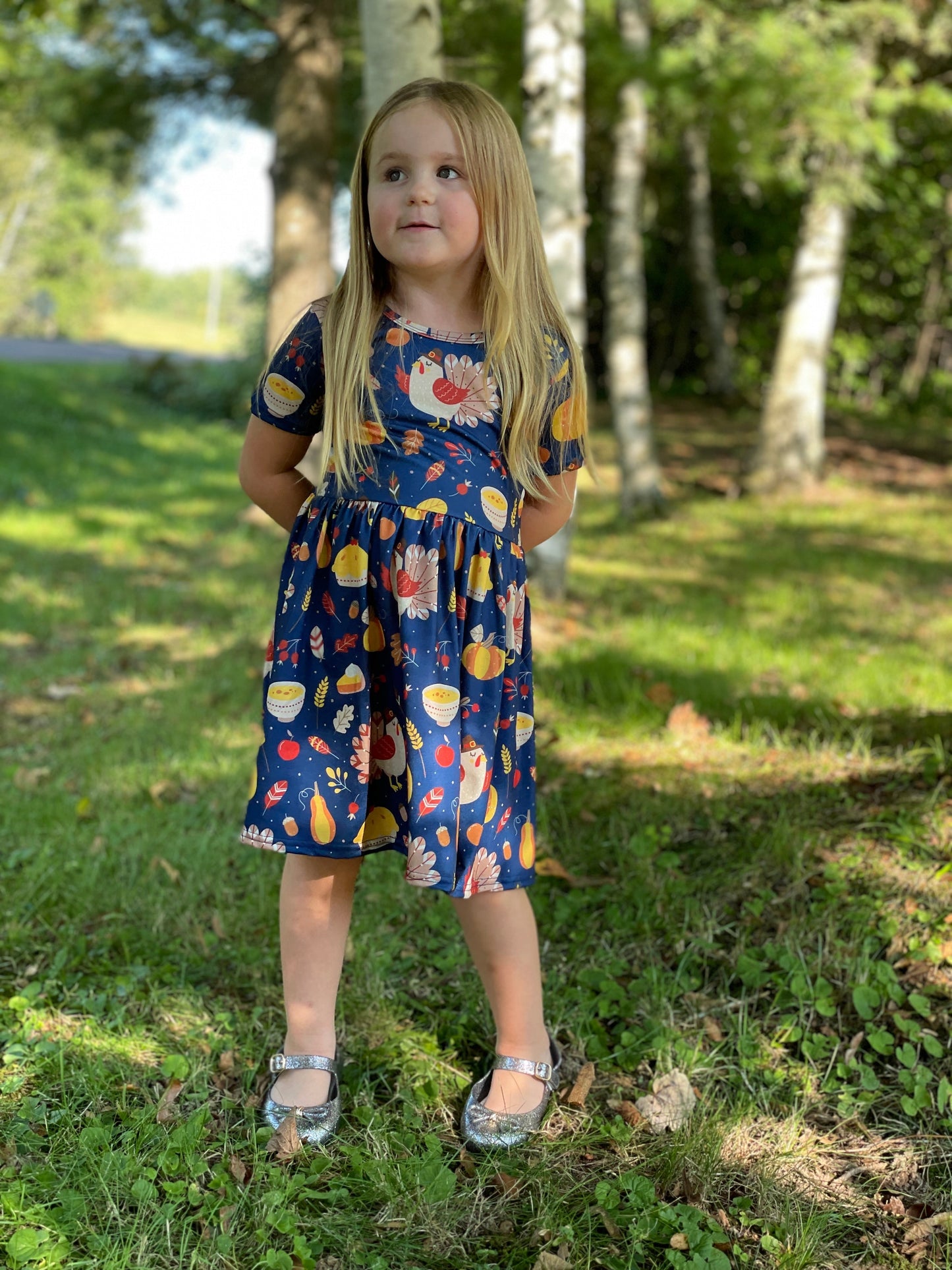 Navy Blue Thanksgiving Short Sleeve Dress