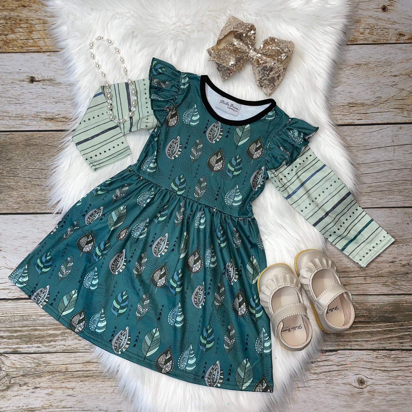 Teal Fall Leaves Print Long Sleeve Dress