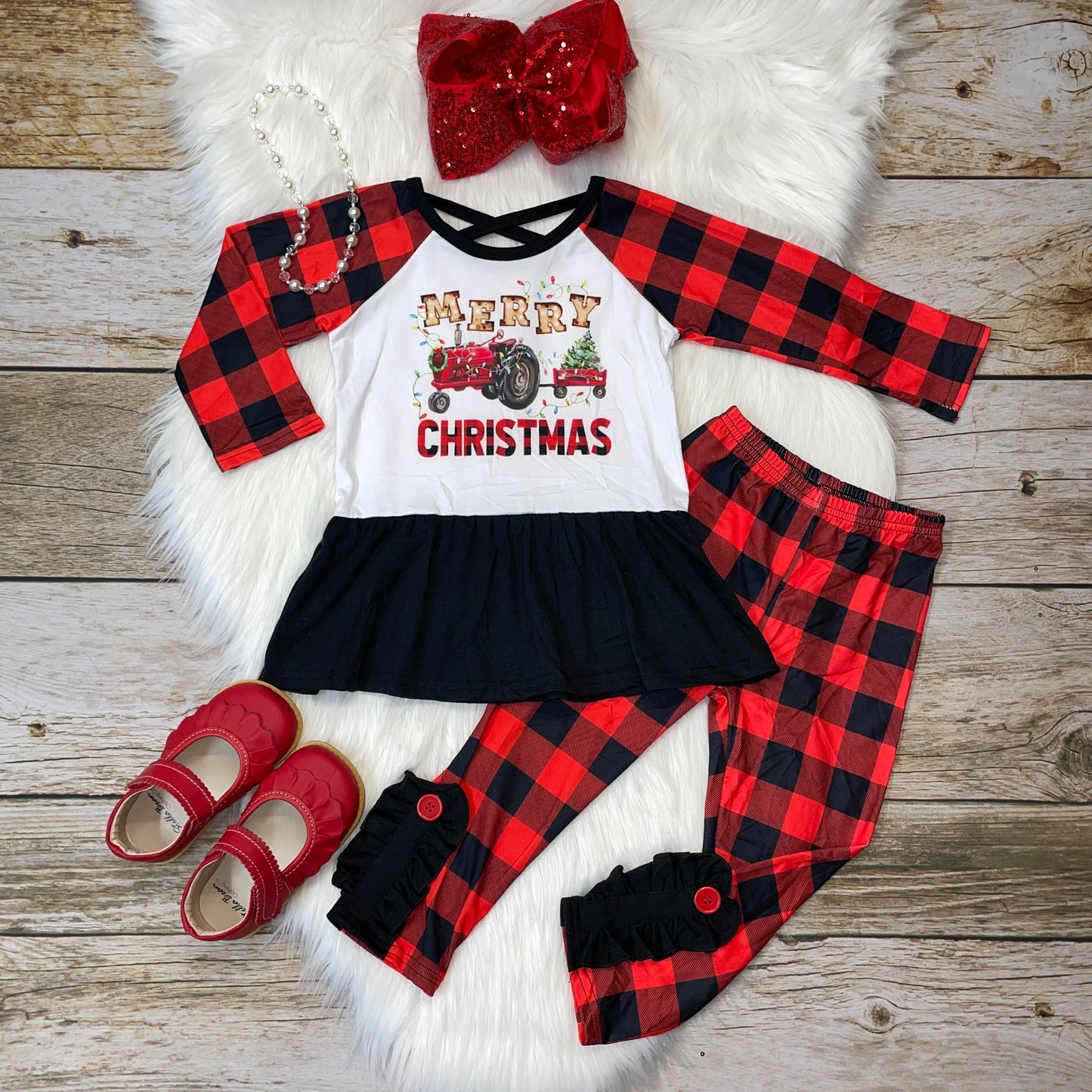 Merry Christmas Tractors Peplum & Buffalo Plaid Leggings