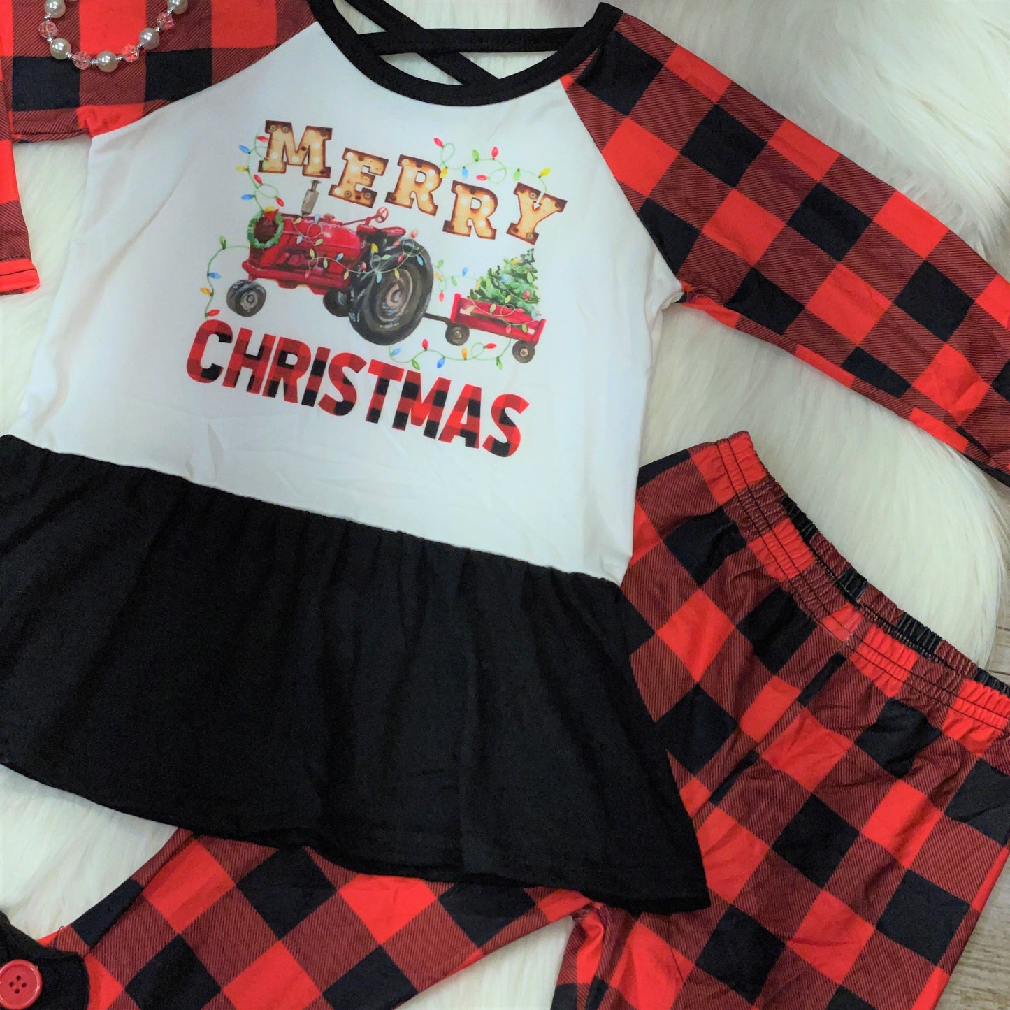 Merry Christmas Tractors Peplum & Buffalo Plaid Leggings