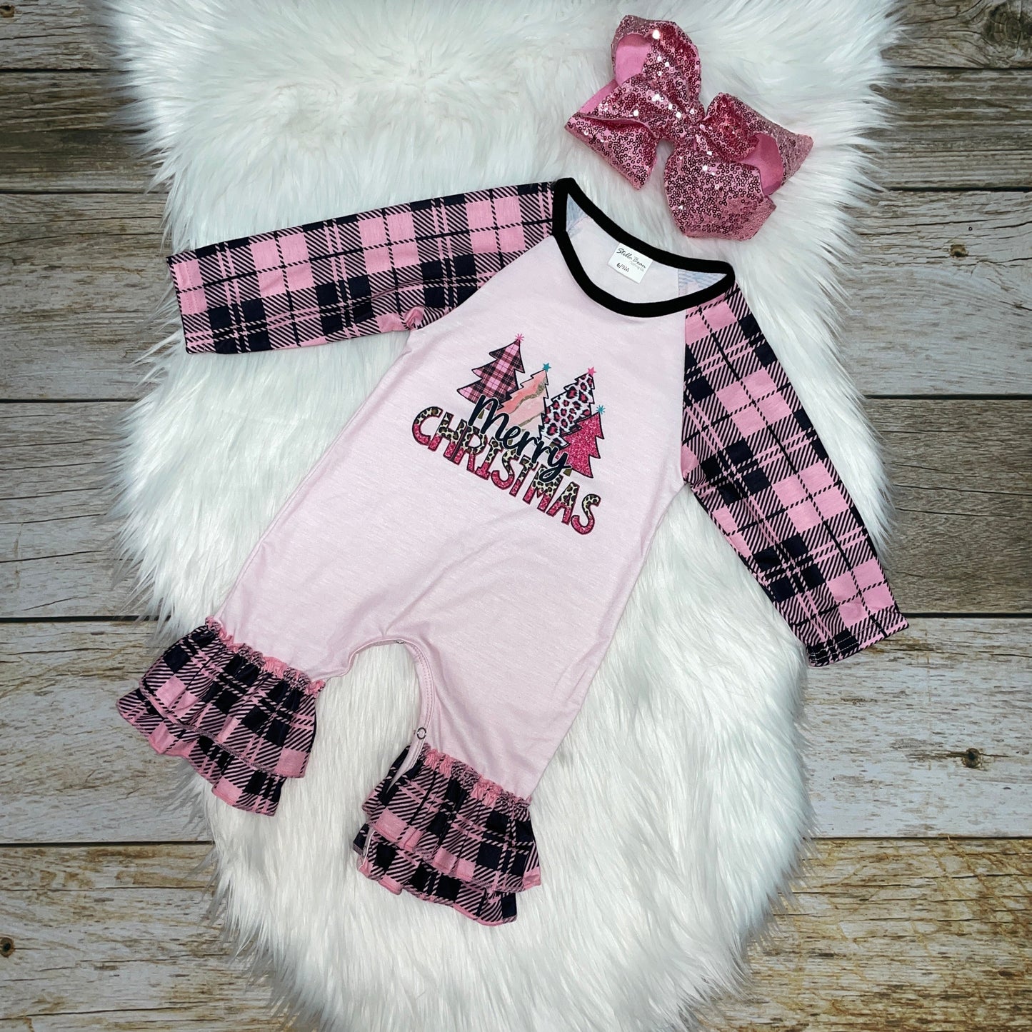 Pink Merry Christmas Plaid Long Sleeve Romper