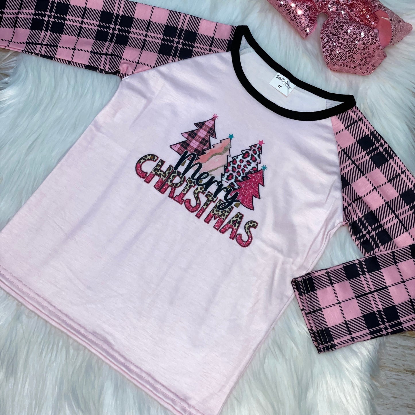 Pink Merry Christmas Plaid Long Sleeve Raglan