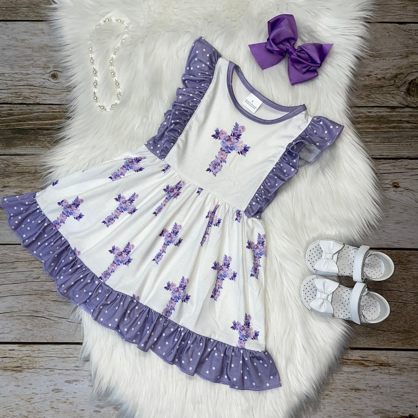 White & Purple Cross Printed Ruffle Sleeve Dress