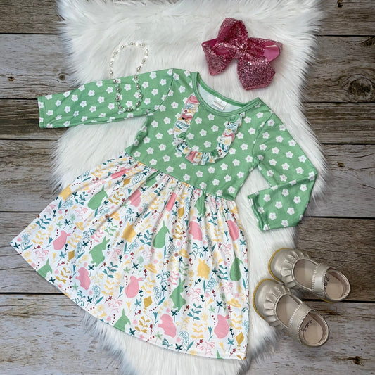 Green Polka Dot Pastel Easter Bunny Printed Dress