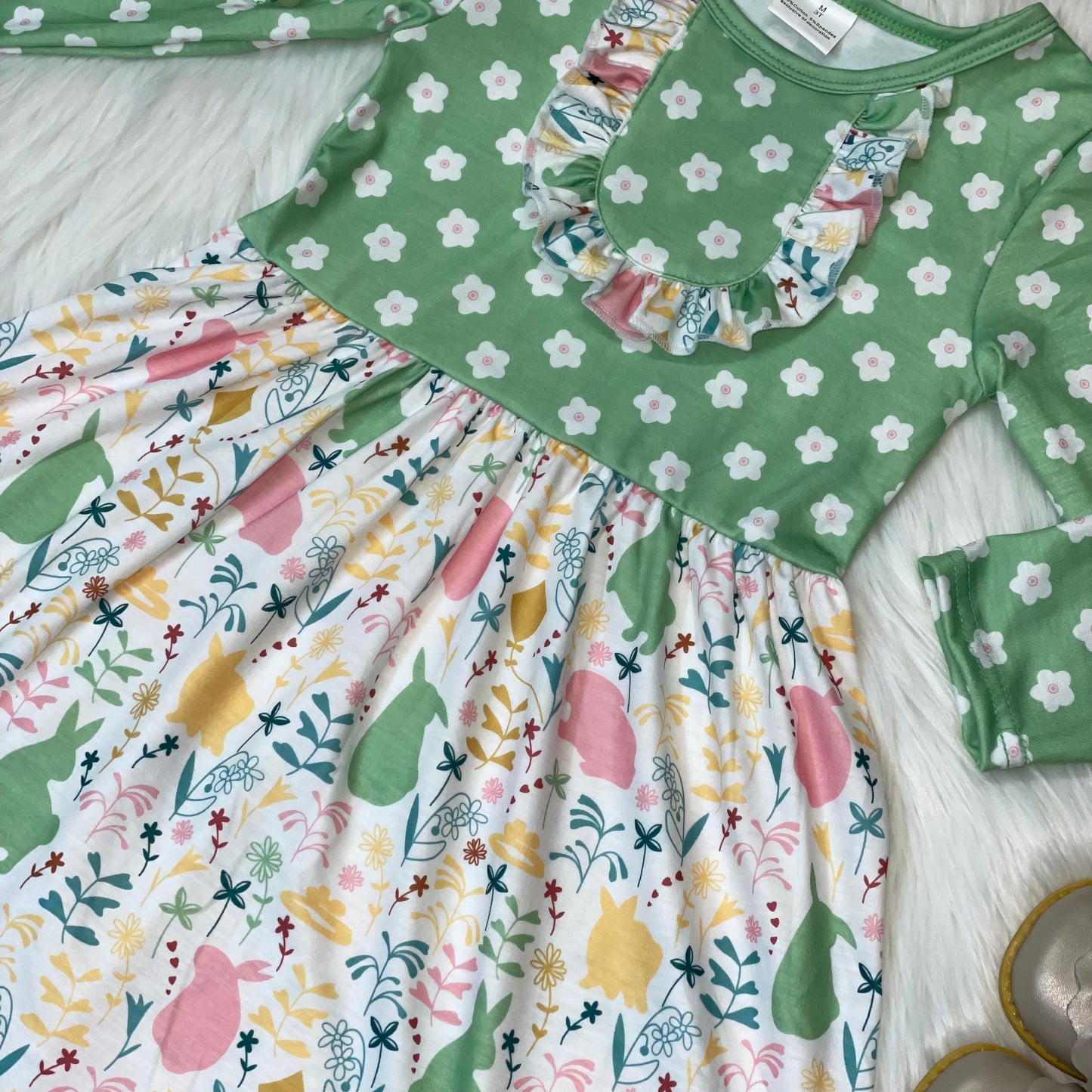 Green Polka Dot Pastel Easter Bunny Printed Dress