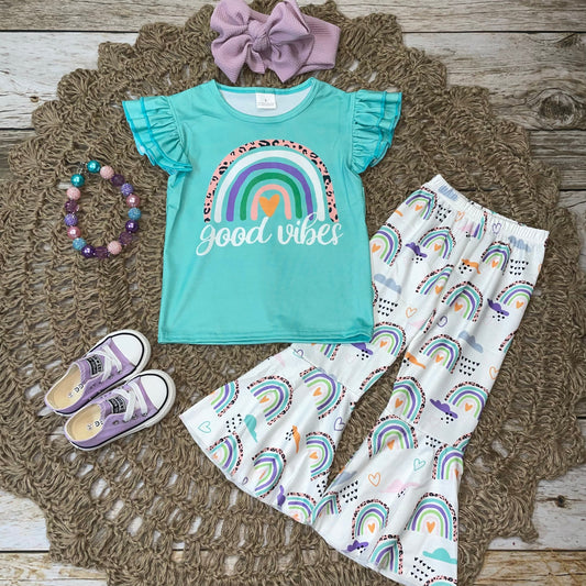 Good Vibes Rainbow Graphic Ruffle Tee and Bell Pants