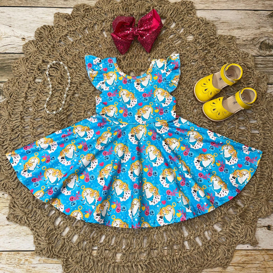 Blue & Yellow Wonderland Flutter Sleeve Twirl Dress