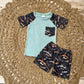 Teal Blue Fishing Print Pocket Raglan and Shorts Set