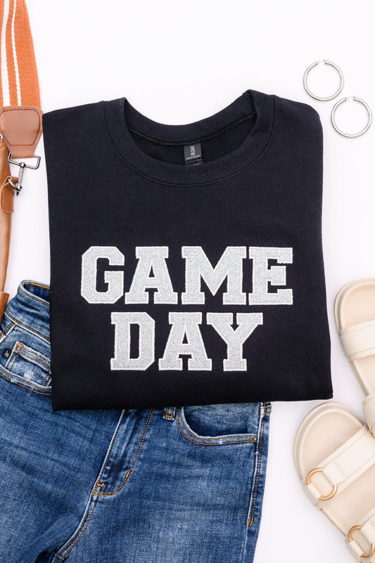 PREORDER: Embroidered Glitter Game Day Sweatshirt in Black/Silver