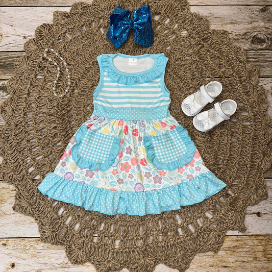 Light Blue Stripe and Floral Ruffle Pocket Dress