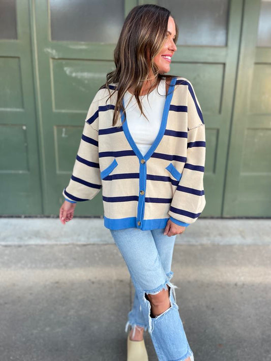 PREORDER: Contrast Trim Cardigan in Navy Stripe