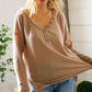 Casual Living Brown Henley Cuff Sleeve Side Slit Pullover