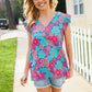 Flower Power Blue V Neck Flutter Sleeve Woven Blouse