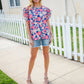 Vacay Ready Blue & Fuchsia Floral Smocked Ruffle Sleeve Top