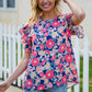 Vacay Ready Blue & Fuchsia Floral Smocked Ruffle Sleeve Top