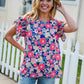 Vacay Ready Blue & Fuchsia Floral Smocked Ruffle Sleeve Top