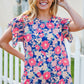 Vacay Ready Blue & Fuchsia Floral Smocked Ruffle Sleeve Top