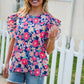 Vacay Ready Blue & Fuchsia Floral Smocked Ruffle Sleeve Top