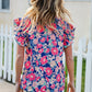 Vacay Ready Blue & Fuchsia Floral Smocked Ruffle Sleeve Top