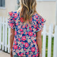 Vacay Ready Blue & Fuchsia Floral Smocked Ruffle Sleeve Top