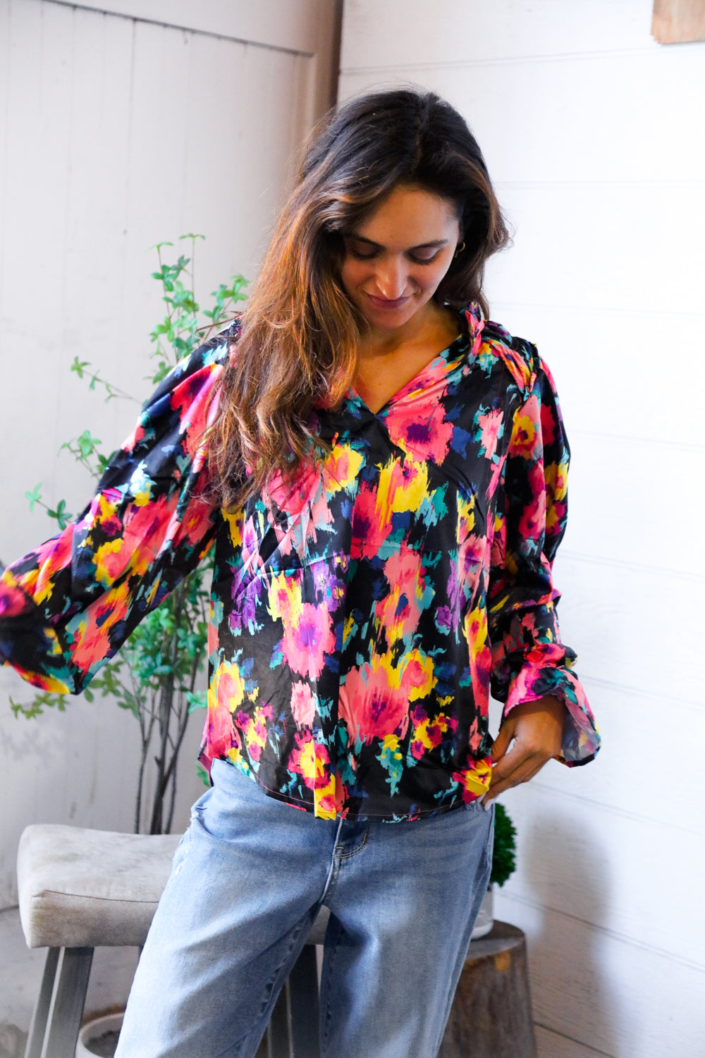 Bold and Blooming Bubble Sleeve Woven Blouse