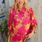 Elegant In Fuchsia Satin Button-Down Smock Long Sleeve Blouse