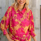 Elegant In Fuchsia Satin Button-Down Smock Long Sleeve Blouse